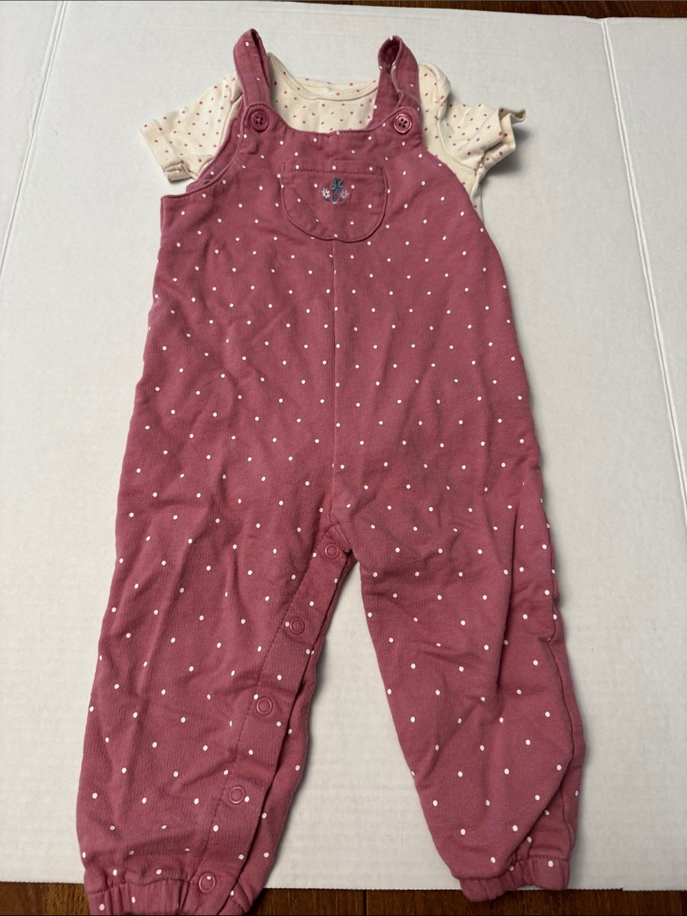 Carters Polka Dot Mauve Baby Overalls with Cream onesies. Size 18m